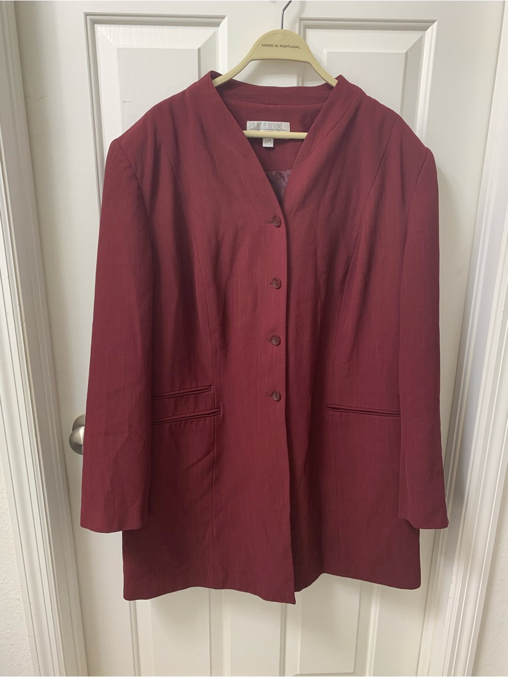 Women's Collarless Burgundy Button Front Coat